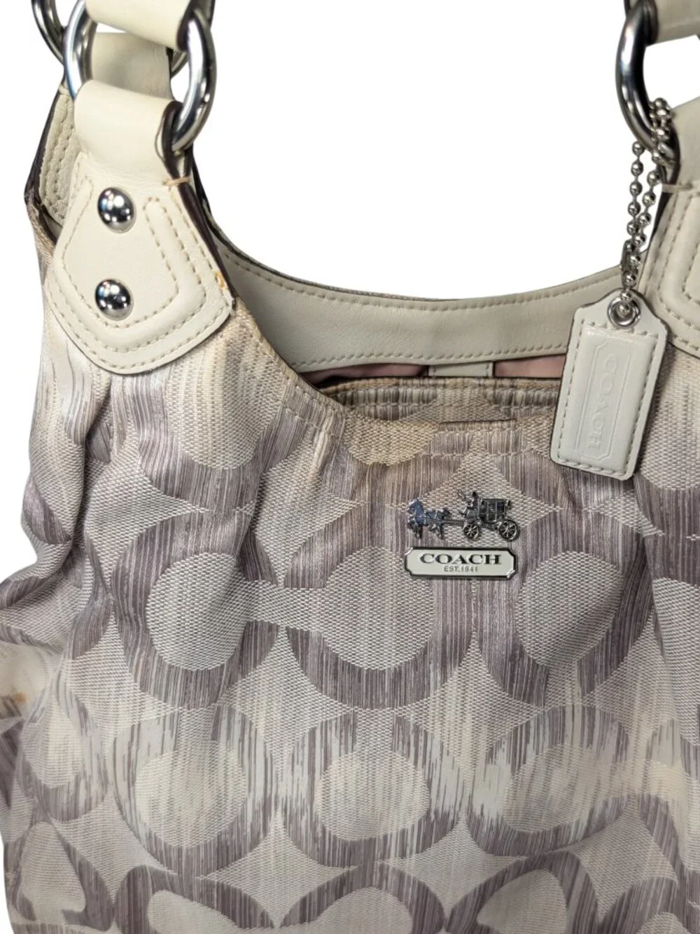 Coach Madison Op Art Ikat Maggie Ivory Gray Jacquard Leather Shoulder Bag READ